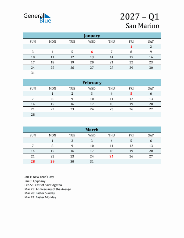 Three-Month Planner for Q1 2027 with Holidays - San Marino