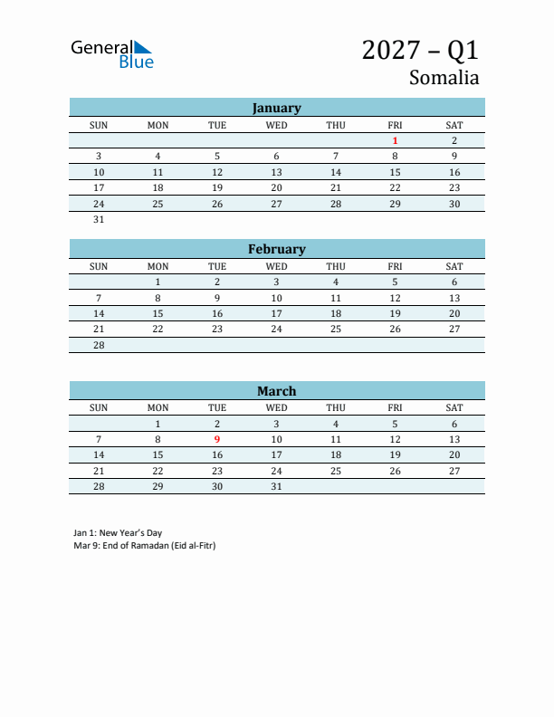 Three-Month Planner for Q1 2027 with Holidays - Somalia