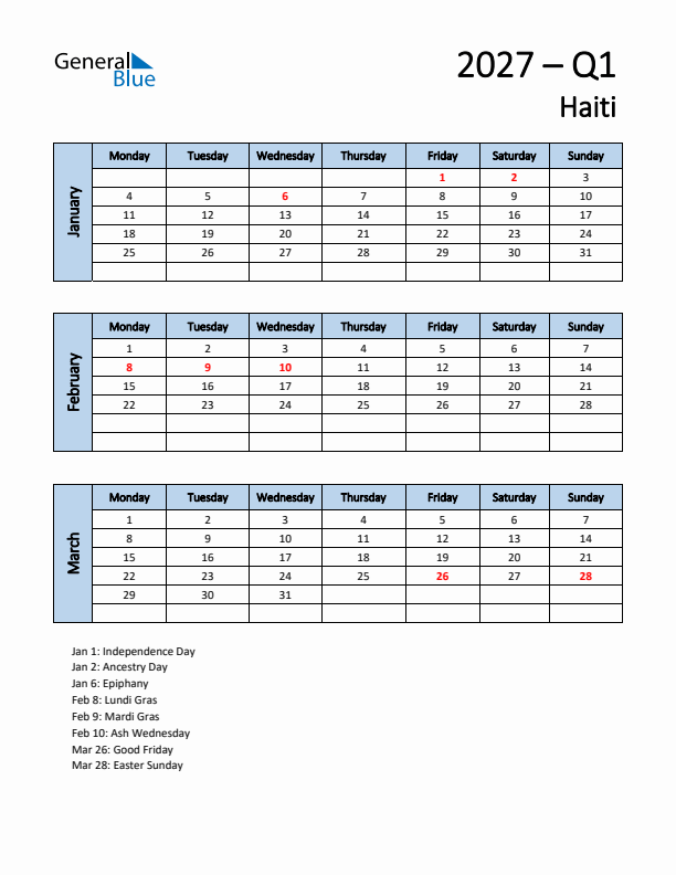 Free Q1 2027 Calendar for Haiti - Monday Start