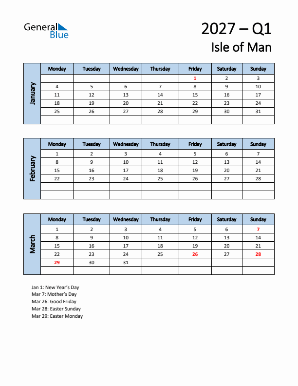 Free Q1 2027 Calendar for Isle of Man - Monday Start