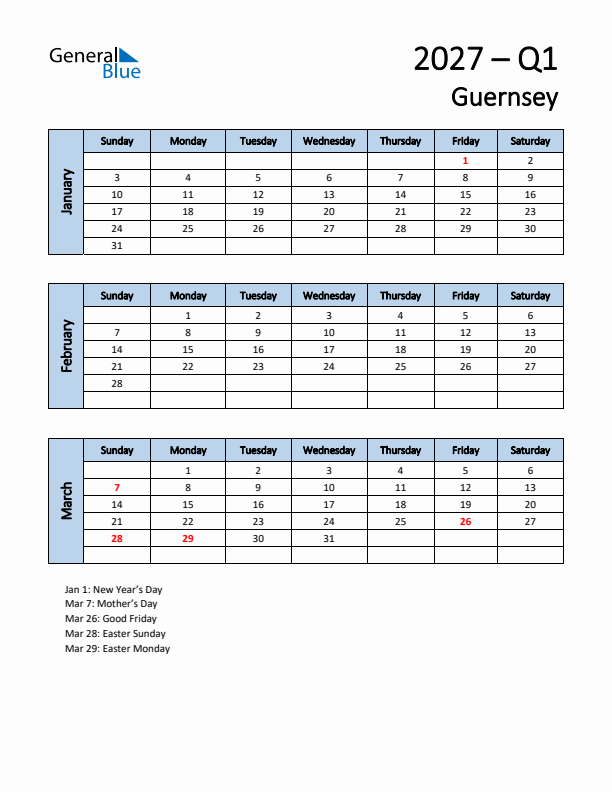 Free Q1 2027 Calendar for Guernsey - Sunday Start