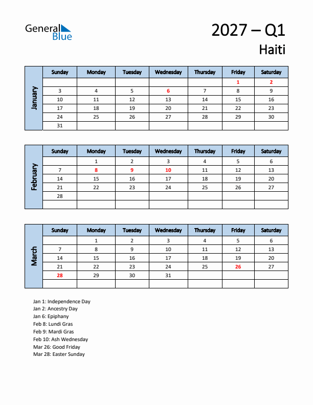 Free Q1 2027 Calendar for Haiti - Sunday Start