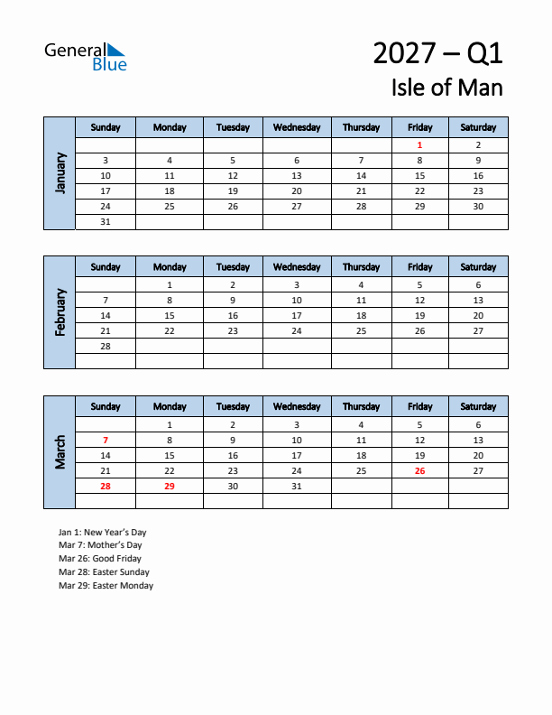 Free Q1 2027 Calendar for Isle of Man - Sunday Start