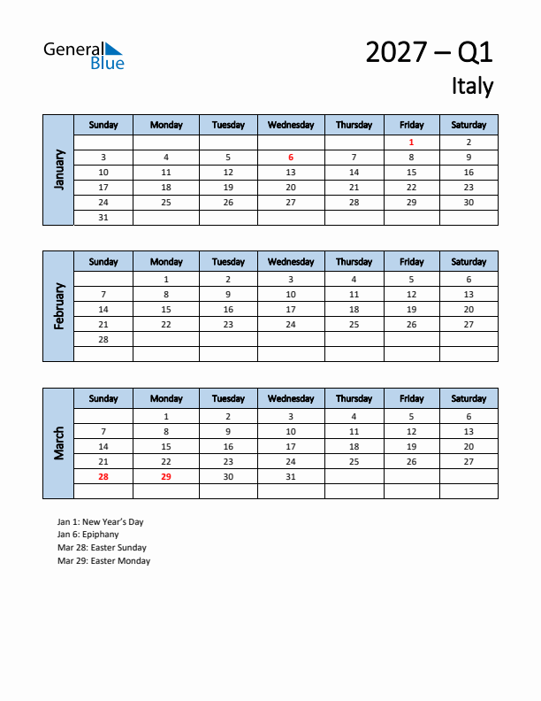 Free Q1 2027 Calendar for Italy - Sunday Start