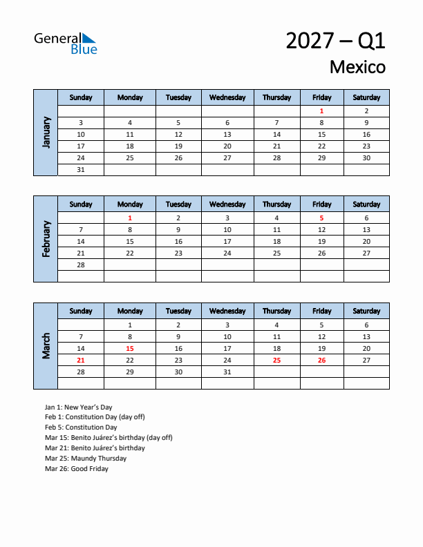 Free Q1 2027 Calendar for Mexico - Sunday Start