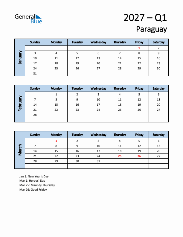 Free Q1 2027 Calendar for Paraguay - Sunday Start