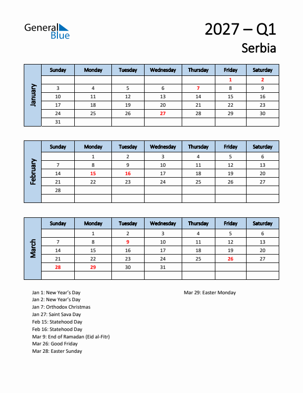 Free Q1 2027 Calendar for Serbia - Sunday Start