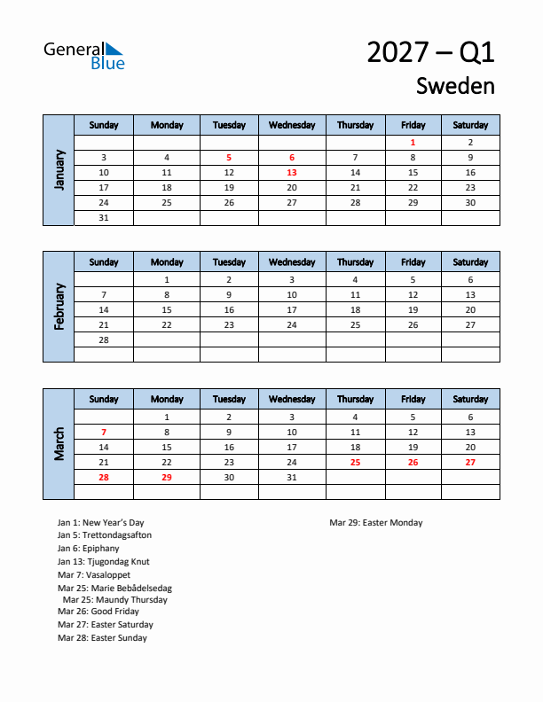 Free Q1 2027 Calendar for Sweden - Sunday Start