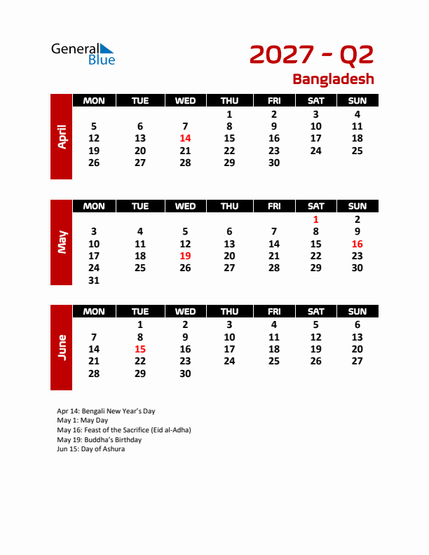 Q2 2027 Calendar with Holidays in Bangladesh