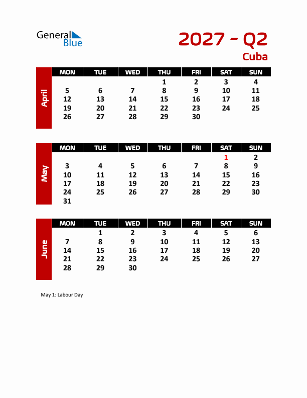 Q2 2027 Calendar with Holidays in Cuba