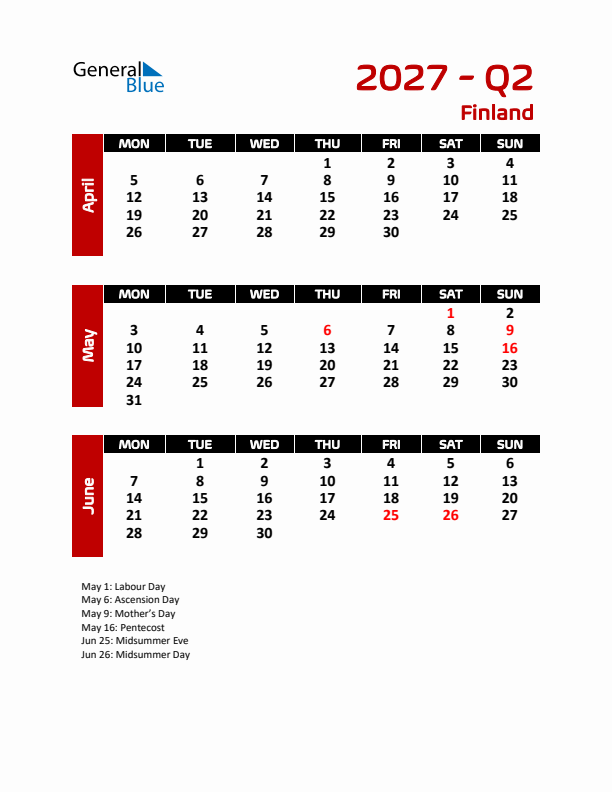 Q2 2027 Calendar with Holidays in Finland