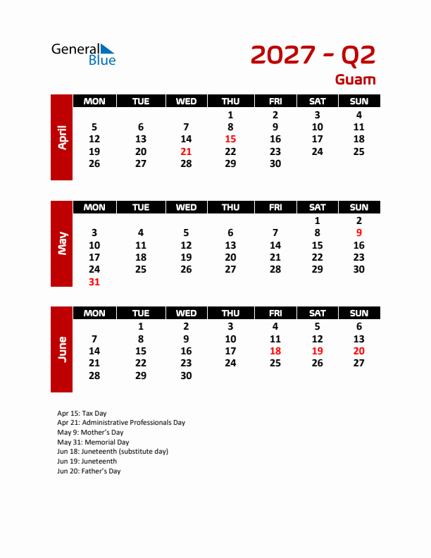 Q2 2027 Calendar with Holidays in Guam