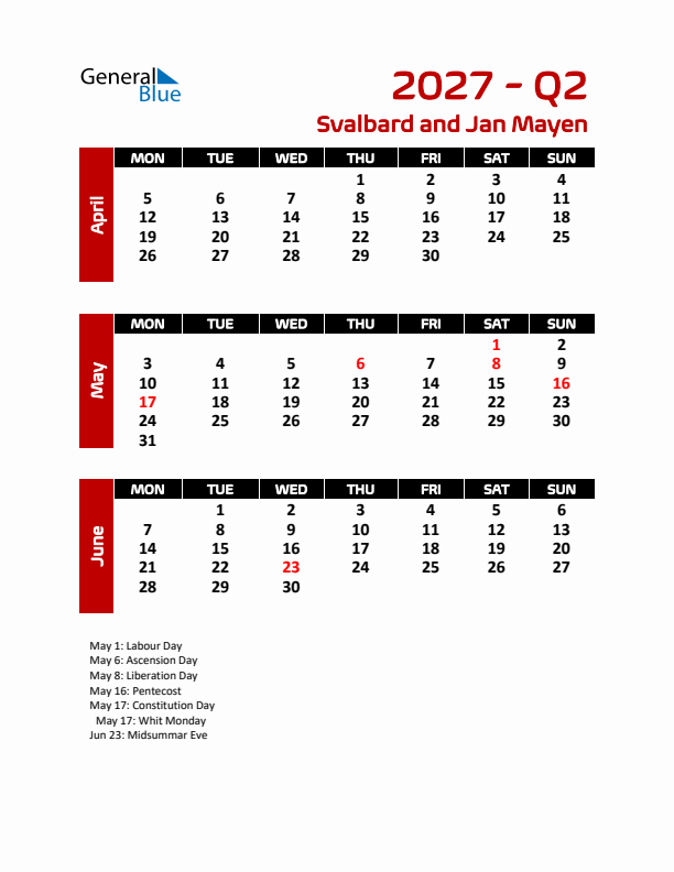 Q2 2027 Calendar with Holidays in Svalbard and Jan Mayen