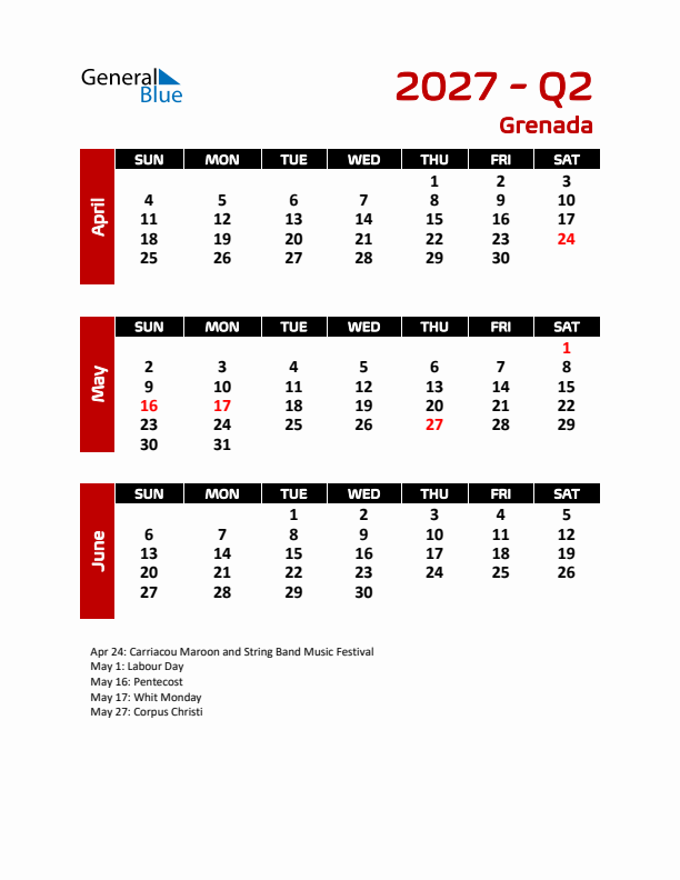 Q2 2027 Calendar with Holidays in Grenada