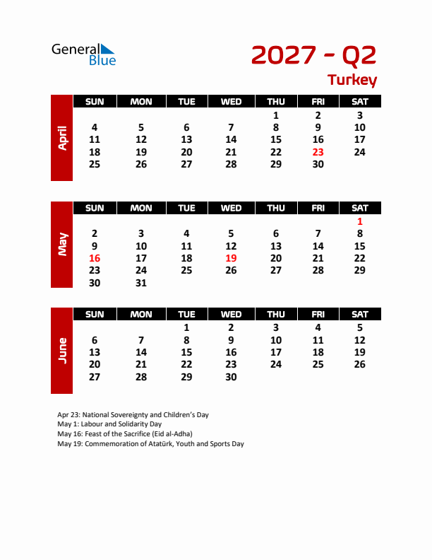 Q2 2027 Calendar with Holidays in Turkey