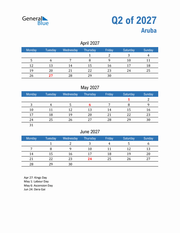 Aruba Q2 2027 Quarterly Calendar with Monday Start