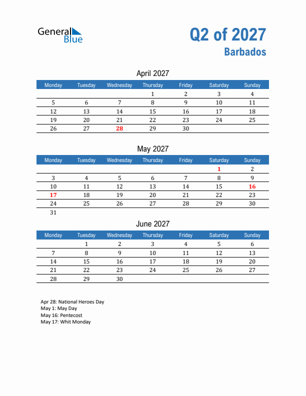 Barbados Q2 2027 Quarterly Calendar with Monday Start