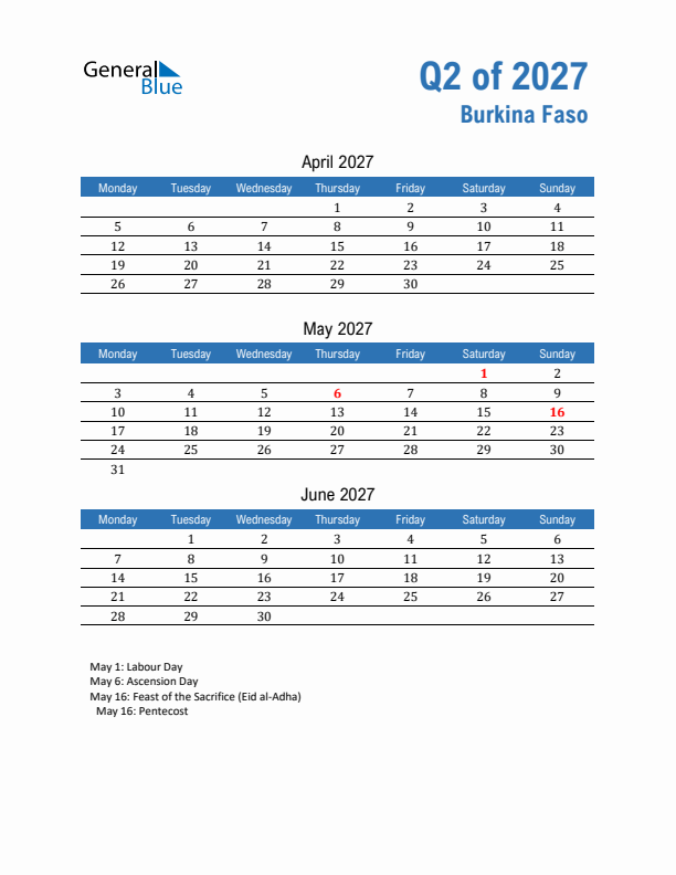 Burkina Faso Q2 2027 Quarterly Calendar with Monday Start