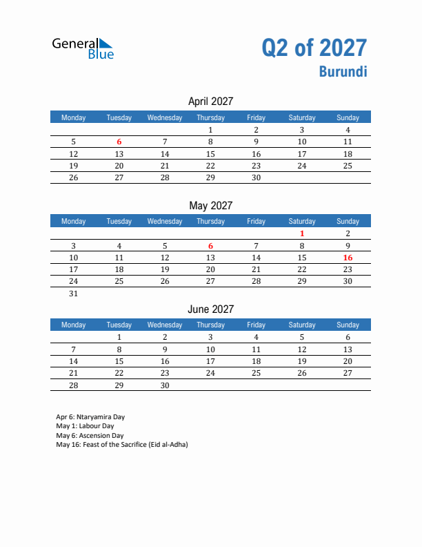 Burundi Q2 2027 Quarterly Calendar with Monday Start