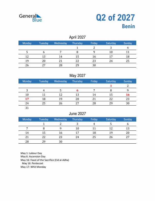 Benin Q2 2027 Quarterly Calendar with Monday Start