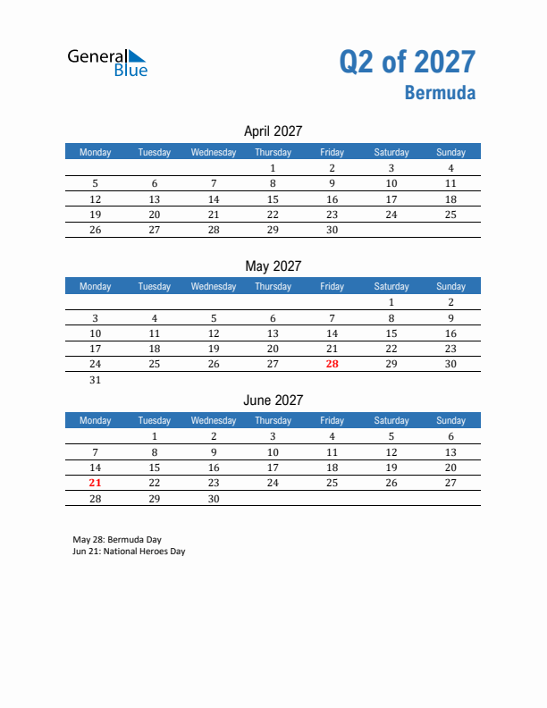 Bermuda Q2 2027 Quarterly Calendar with Monday Start