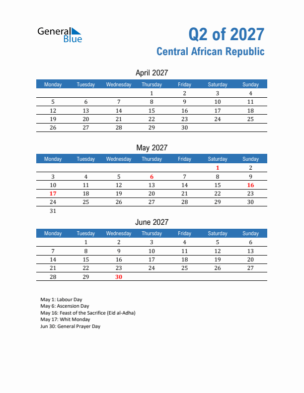 Central African Republic Q2 2027 Quarterly Calendar with Monday Start