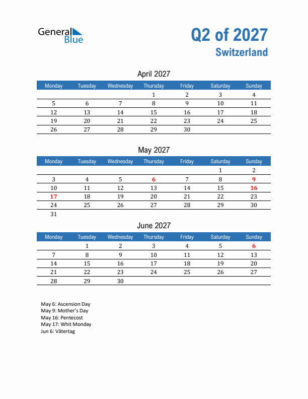 Switzerland Q2 2027 Quarterly Calendar with Monday Start