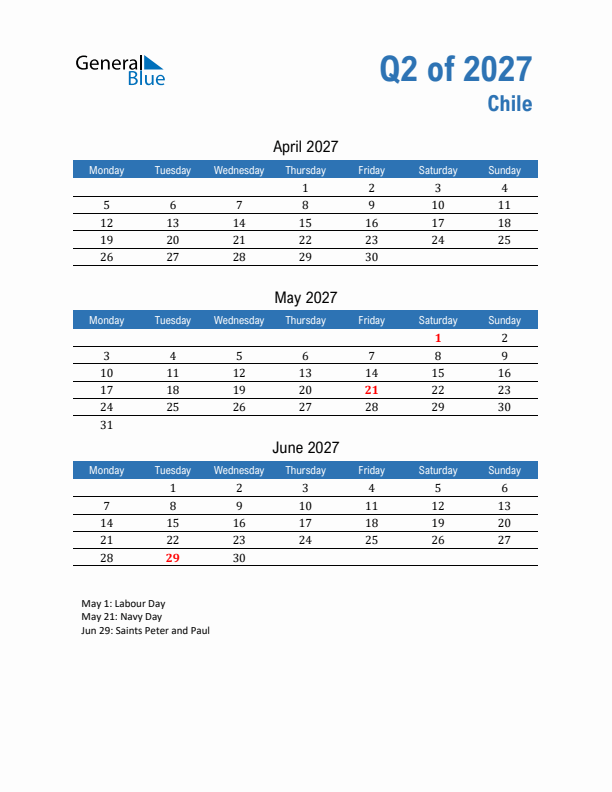 Chile Q2 2027 Quarterly Calendar with Monday Start