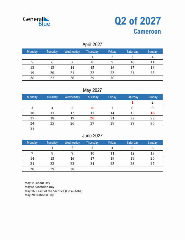 Cameroon Q2 2027 Quarterly Calendar with Monday Start