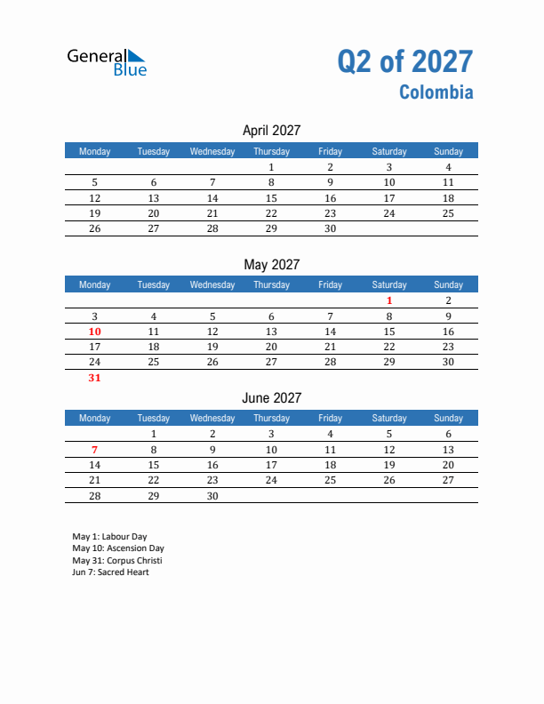 Colombia Q2 2027 Quarterly Calendar with Monday Start