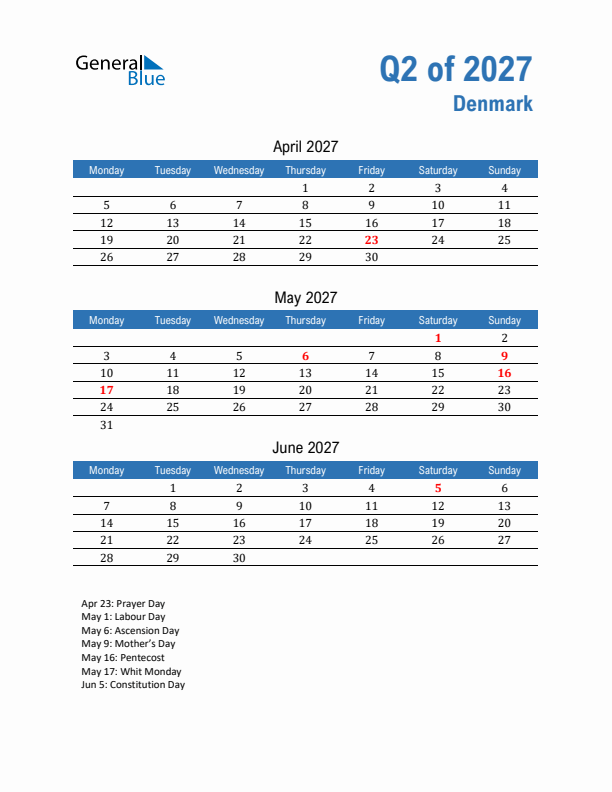 Denmark Q2 2027 Quarterly Calendar with Monday Start