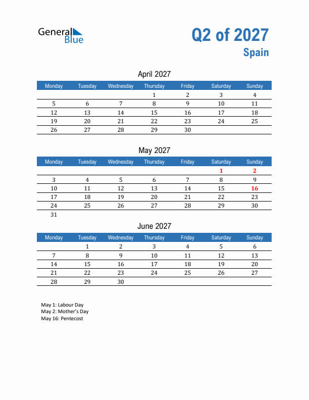 Spain Q2 2027 Quarterly Calendar with Monday Start