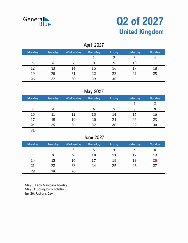 United Kingdom Q2 2027 Quarterly Calendar with Monday Start