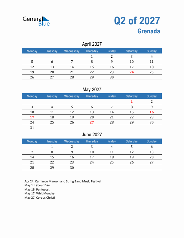 Grenada Q2 2027 Quarterly Calendar with Monday Start