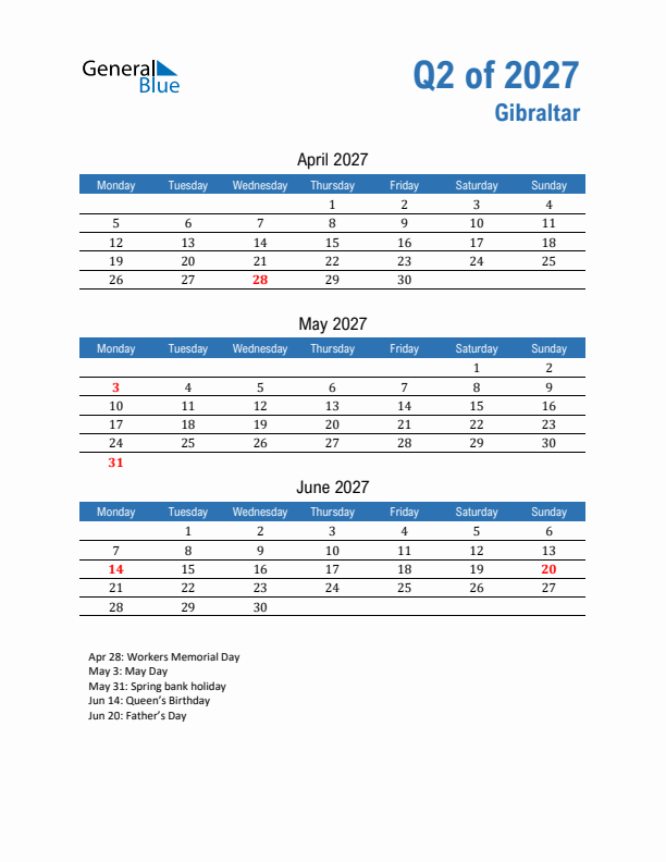 Gibraltar Q2 2027 Quarterly Calendar with Monday Start