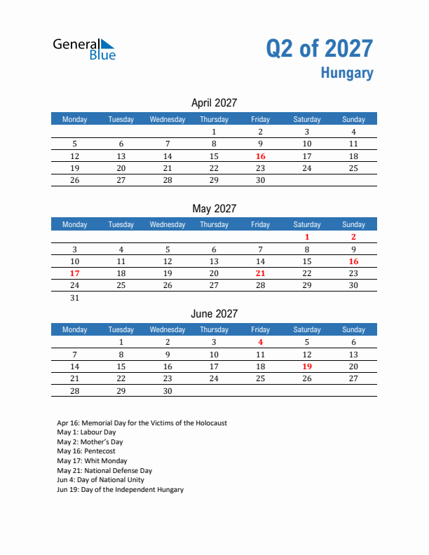 Hungary Q2 2027 Quarterly Calendar with Monday Start