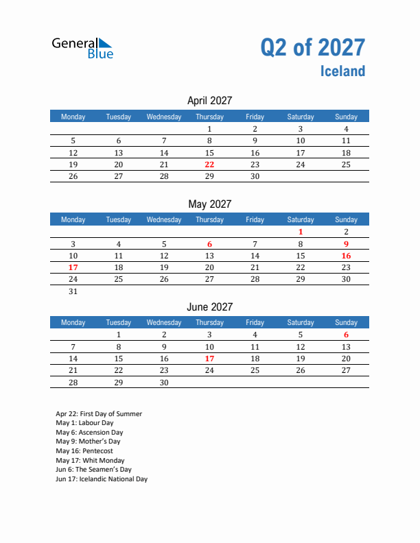 Iceland Q2 2027 Quarterly Calendar with Monday Start