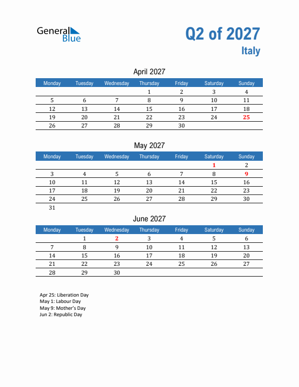 Italy Q2 2027 Quarterly Calendar with Monday Start