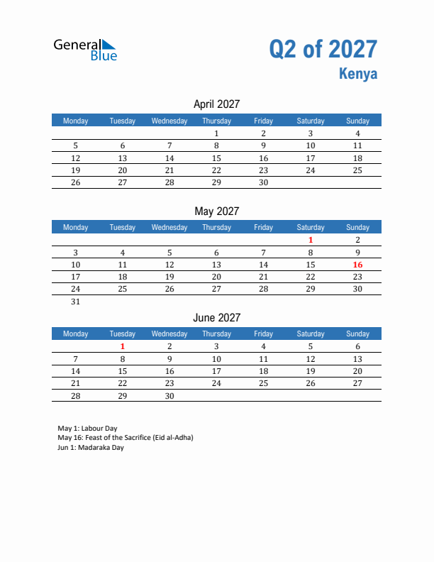 Kenya Q2 2027 Quarterly Calendar with Monday Start