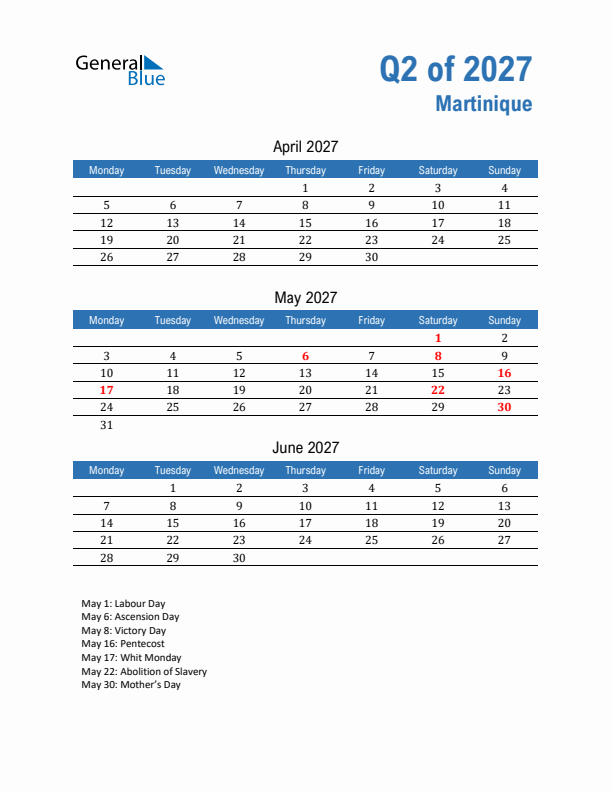 Martinique Q2 2027 Quarterly Calendar with Monday Start