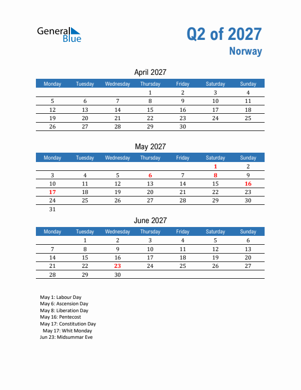 Norway Q2 2027 Quarterly Calendar with Monday Start