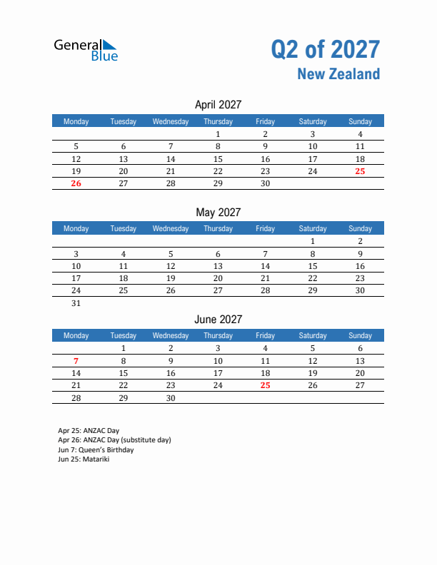 New Zealand Q2 2027 Quarterly Calendar with Monday Start