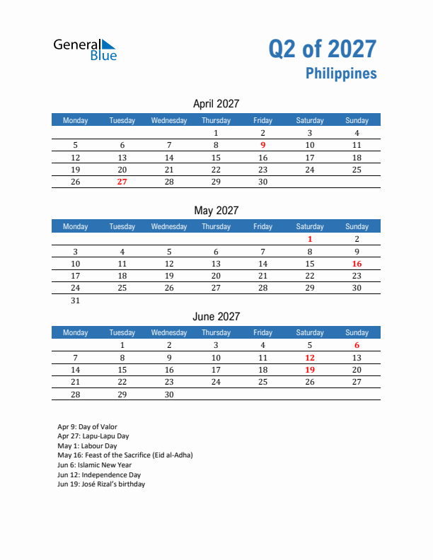 Philippines Q2 2027 Quarterly Calendar with Monday Start