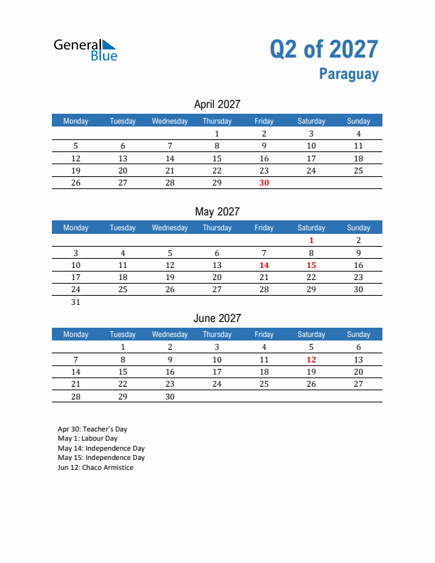 Paraguay Q2 2027 Quarterly Calendar with Monday Start