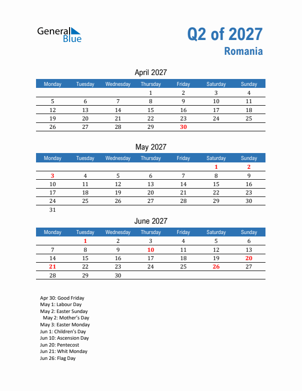 Romania Q2 2027 Quarterly Calendar with Monday Start