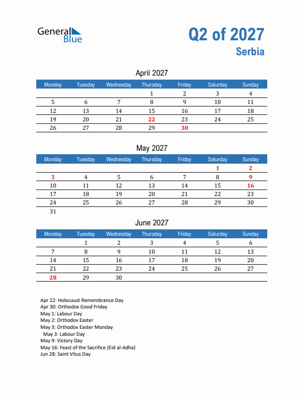 Serbia Q2 2027 Quarterly Calendar with Monday Start