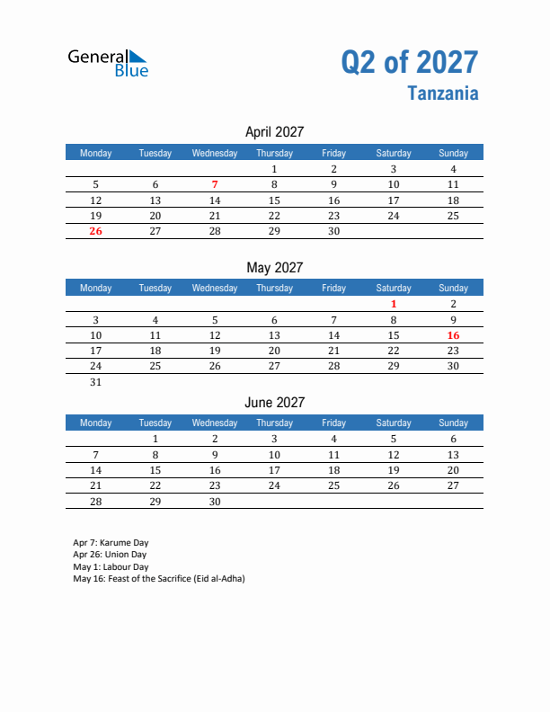 Tanzania Q2 2027 Quarterly Calendar with Monday Start