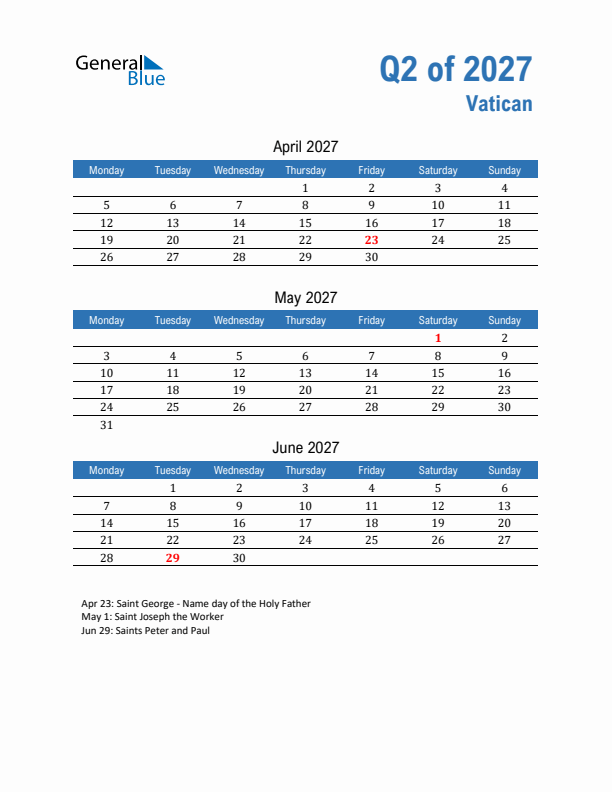 Vatican Q2 2027 Quarterly Calendar with Monday Start