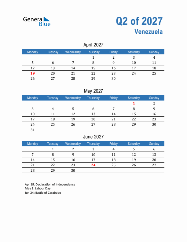 Venezuela Q2 2027 Quarterly Calendar with Monday Start