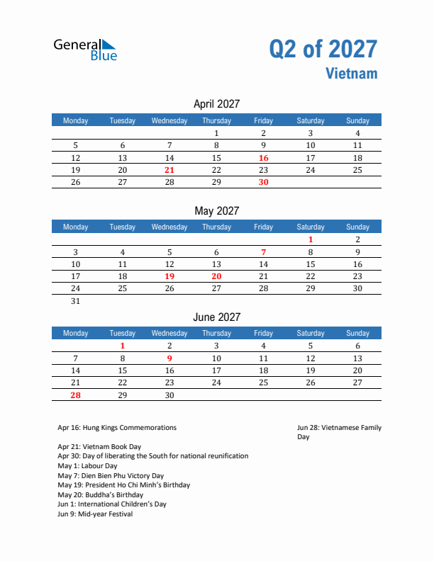 Vietnam Q2 2027 Quarterly Calendar with Monday Start